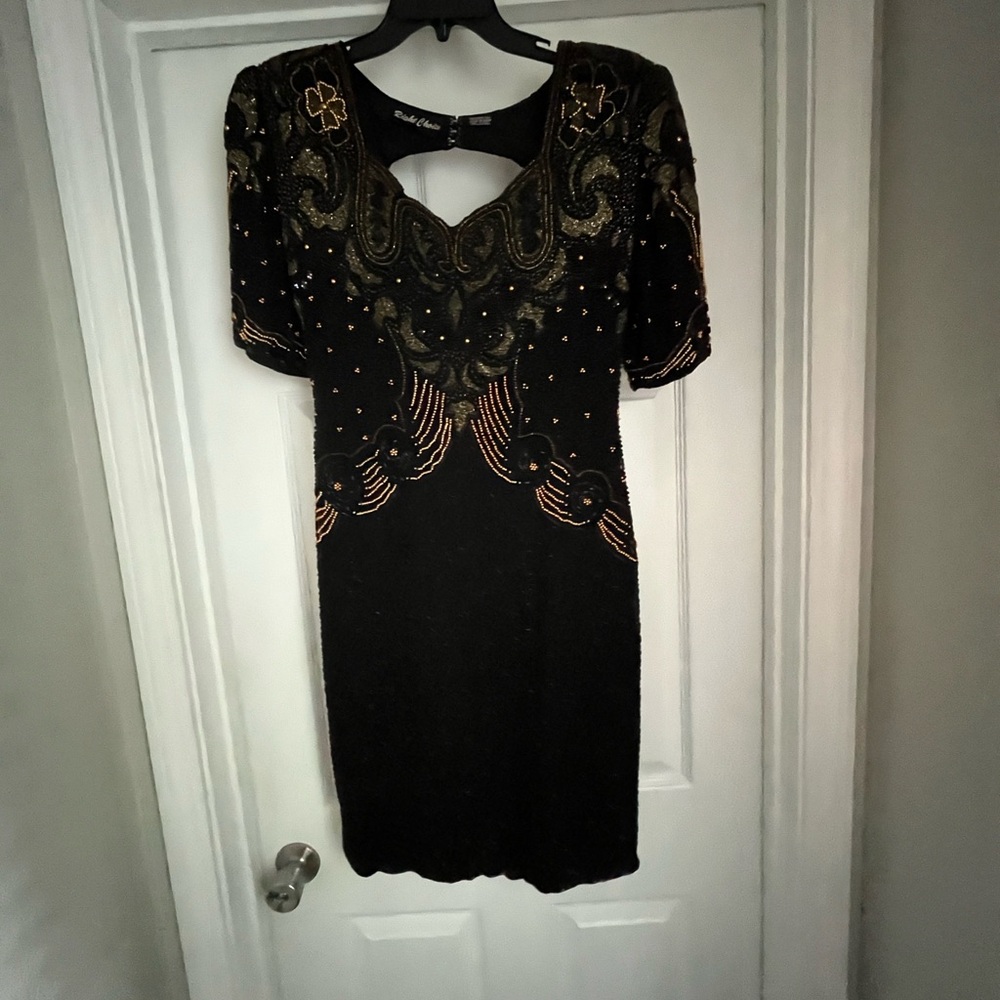 Black and Silver Embellished Cut Out Sheath Dress 100% Silk